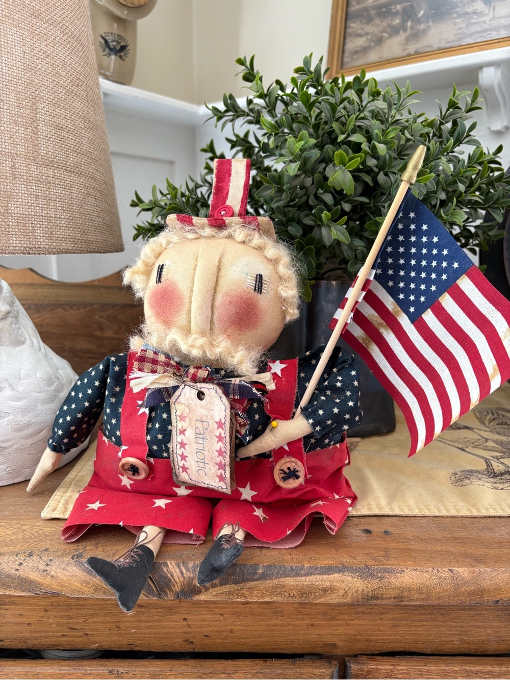 Patriotic Folk Doll with American Flag (Red, Navy, Cream) HANDMADE